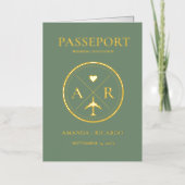 金ゴールド&セージグリーンパスポート結婚式招待状 箔グリーティングカード (正面)