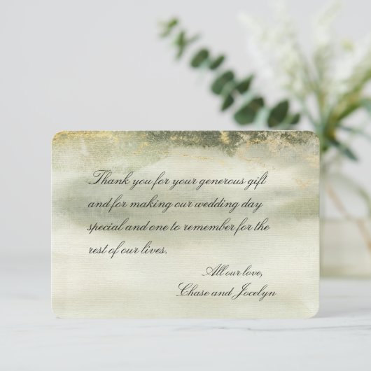 金ゴールド&セージ水の色の波の書道ありがとう サンキューカード (スタンド正面)