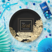 金ゴールド・タン・イエロー50周年記念バラプリント ペーパープレート (パーティー)