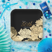 金ゴールド・タン・ベージュ50周年記念バラプリントpa ペーパープレート (パーティー)