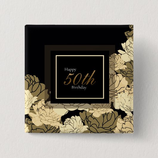 金ゴールド、タン、黄色の50歳の誕生日バラ 缶バッジ (正面)