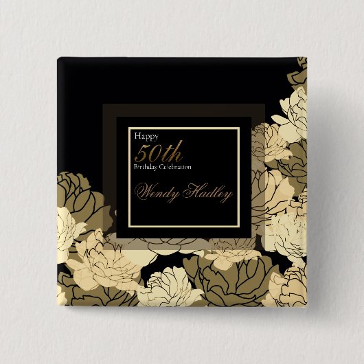 金ゴールド、タン、黄色の50th birthdayバラボタン 缶バッジ (正面)