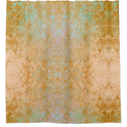 金ゴールド&ターコイズブルーパティナアルコールインク抽象芸術 シャワーカーテン (正面)