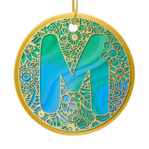 金ゴールド、ターコイズレターMおよび花カラフル付