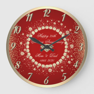 金ゴールド·ダイヤモンド·ドッ結婚ツ·レッド25周年 ラージ壁時計