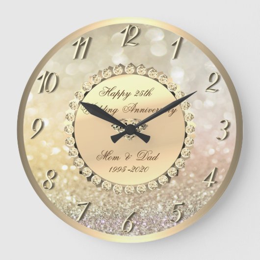 金ゴールド·ダイヤ結婚モンド25周年 ラージ壁時計 (正面)
