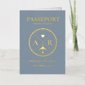 金ゴールド&ダスティブルーパスポート結婚式招待状 箔グリーティングカード (正面)