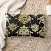 金ゴールド、ダマスク織、アンティーク、ヴィンテージ、黒エレガントな、パターン ランバークッション (ブランケット)