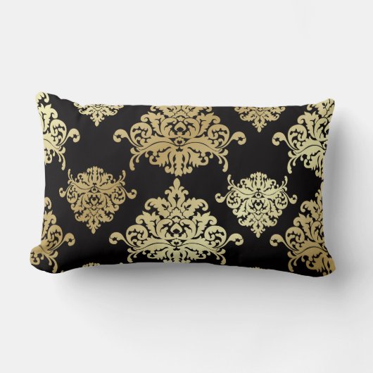 金ゴールド、ダマスク織、アンティーク、ヴィンテージ、黒エレガントな、パターン ランバークッション (正面)