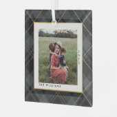 金ゴールド&ダークグリーンタータンチェックメリークリスマスフォト ガラスオーナメント (正面左)