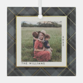 金ゴールド&ダークグリーンタータンチェックメリークリスマスフォト ガラスオーナメント (正面)