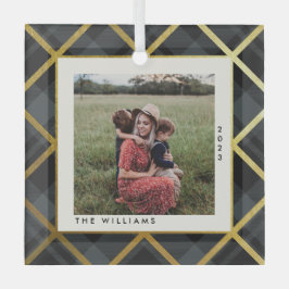 金ゴールド&ダークグリーンタータンチェックメリークリスマスフォト ガラスオーナメント
