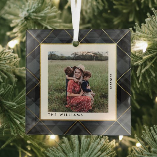 金ゴールド&ダークグリーンタータンチェックメリークリスマスフォト ガラスオーナメント (インサイチュ)