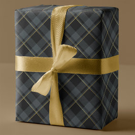 金ゴールド&ダークグリーンタータンチェック格子模様クリスマス ラッピングペーパー