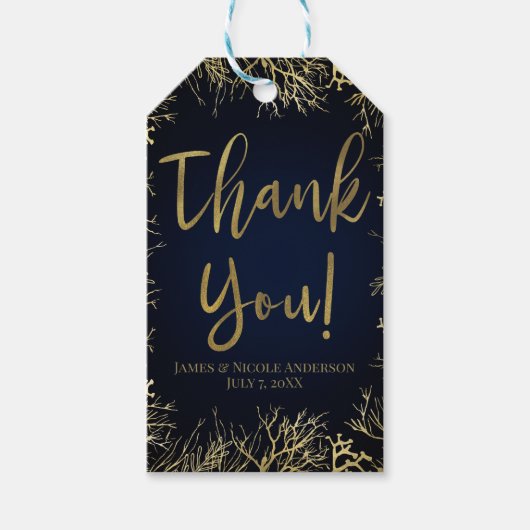 金ゴールド&ダークネイビーブルーエレガントコーラル結婚ズ ギフトタグ (正面)