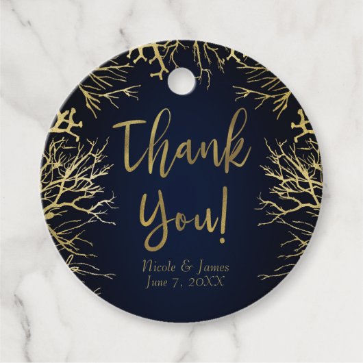 金ゴールド&ダークネイビーブルーエレガントコーラル結婚ズ フェイバータグ (正面)