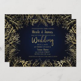 金ゴールド&ダークネイビーブルーエレガントコーラル結婚ズ 招待状