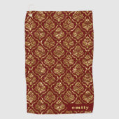 金ゴールド&ダークレッドヴィンテージダマスクパターンモノグラム ゴルフタオル (正面)