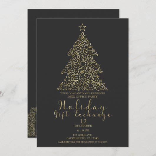 金ゴールド&チャコールホリデーツリーギフト交換パーティー 招待状 (正面/裏面)