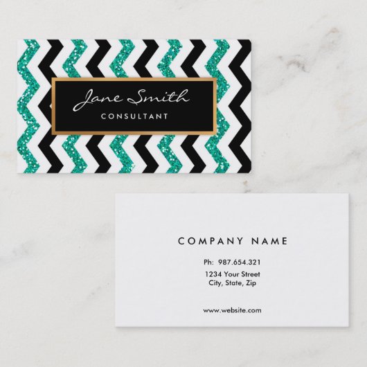 金ゴールド、ティール(緑がかった色)のシェブロングリッター、黒く及び白いパターン 名刺 (正面/裏面)