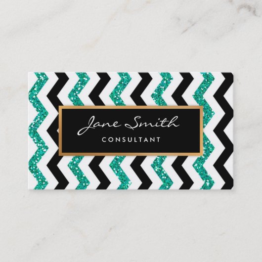 金ゴールド、ティール(緑がかった色)のシェブロングリッター、黒く及び白いパターン 名刺 (正面)