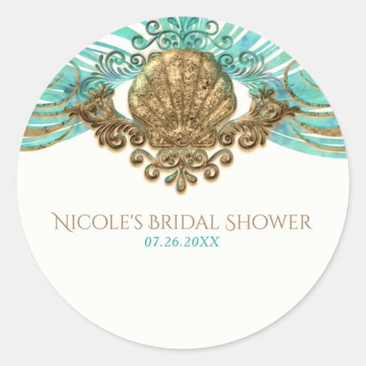 金ゴールド&ティール(緑がかった色)シーシェルグラムビーチエレガントー ラウンドシール (正面)