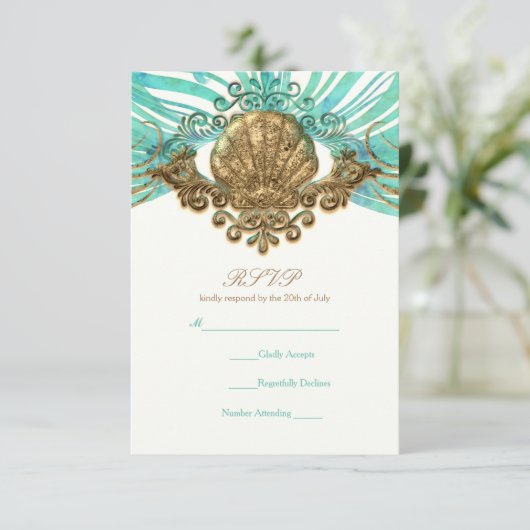 金ゴールド&ティール（緑がかった色）シーシェルグラムビーチエレガントRSVPカード 出欠カード (スタンド正面)