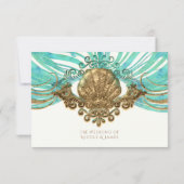 金ゴールド&ティール（緑がかった色）シーシェルグラムビーチエレガントRSVPカード 出欠カード (裏面)