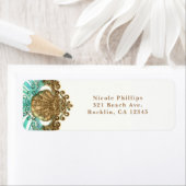 金ゴールド&ティール（緑がかった色）シーシェルグラムビーチパーティの招待状 ラベル (インサイチュ)