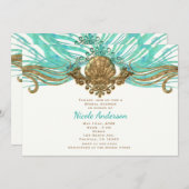金ゴールド&ティール（緑がかった色）シーシェルグラムビーチパーティの招待状 招待状 (正面/裏面)