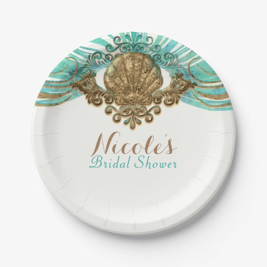 金ゴールド&ティール（緑がかった色）シーシェルグラムビーチパーティー エレガント ペーパープレート (正面)