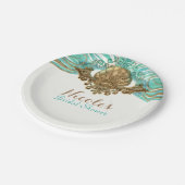 金ゴールド&ティール（緑がかった色）シーシェルグラムビーチパーティー エレガント ペーパープレート (アングル)