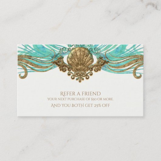 金ゴールド&ティール（緑がかった色）シーシェルグラムビーチフレンド参照 紹介カード (正面)