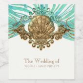 金ゴールド&ティール（緑がかった色）シーシェルグラムビーチワインラベル ワインラベル (シングルラベル)