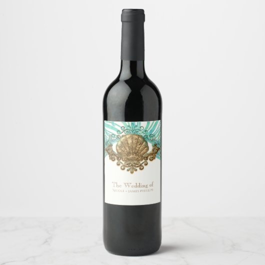 金ゴールド&ティール（緑がかった色）シーシェルグラムビーチワインラベル ワインラベル (正面)