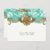 金ゴールド&ティール(緑がかった色)シーシェルグラムビーチ日付を保存 案内ポストカード (正面/裏面)