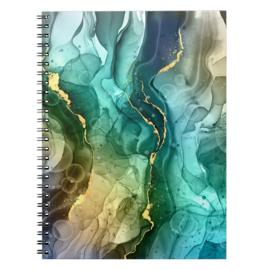 金ゴールド、ティール(緑がかった色)、ダークグレー液体インク ノートブック (正面)
