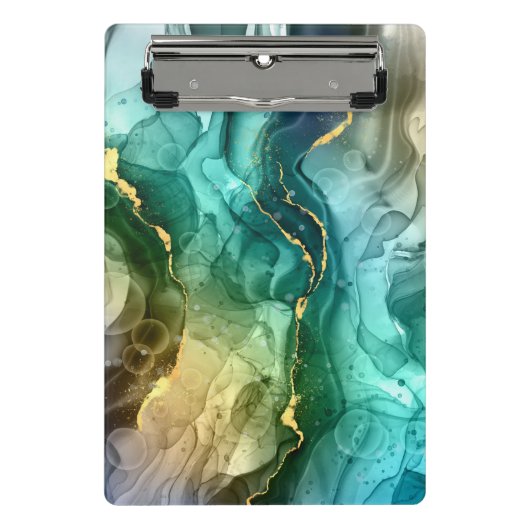 金ゴールド、ティール（緑がかった色）、ダークグレー液体インク ミニクリップボード (正面)