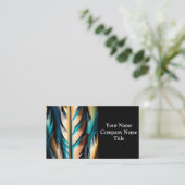 金ゴールド&ティール(緑がかった色)フェザーアート 名刺 (スタンド正面)