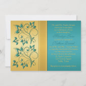 金ゴールド、ティール（緑がかった色）フローラモノグラム結婚式招待状 招待状 (裏面)