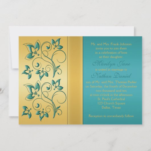 金ゴールド、ティール（緑がかった色）フローラモノグラム結婚式招待状 招待状 (裏面)