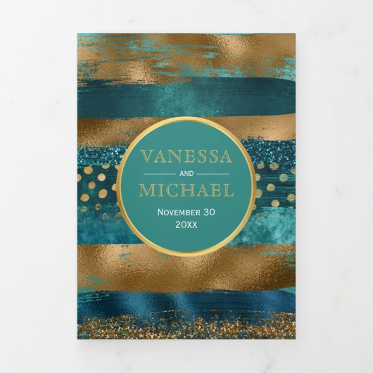 金ゴールド、ティール(緑がかった色)ブラシストローク、紙吹雪ウェディングプログラム 三つ折り招待状 (カバー)