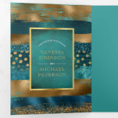 金ゴールド、ティール(緑がかった色)ブラシストローク、紙吹雪ウェディングプログラム 三つ折り招待状 (内部最初)