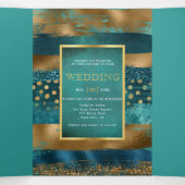 金ゴールド、ティール(緑がかった色)ブラシストローク、紙吹雪ウェディングプログラム 三つ折り招待状 (内部中)