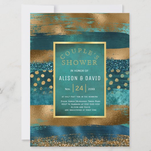 金ゴールド、ティール（緑がかった色）ブラシ結婚ストロークのカップルのシャワー 招待状 (正面)