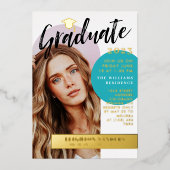 金ゴールド&ティール(緑がかった色)レトロアーチフォト卒業 箔招待状 (正面)