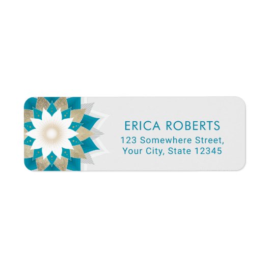 金ゴールド&ティール（緑がかった色）ロータスフラワーマンダラエレガント ラベル (正面)