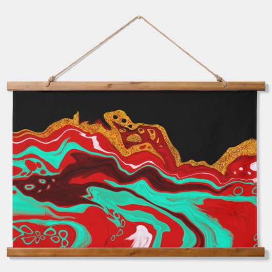 金ゴールド、ティール（緑がかった色）、赤と黒の流体アート 吊り下げ型タペストリー (正面)