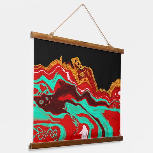 金ゴールド、ティール（緑がかった色）、赤と黒の流体アート 吊り下げ型タペストリー (傾斜あり)
