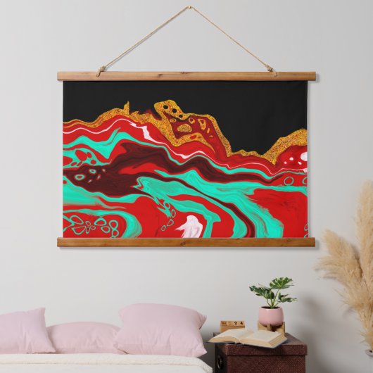 金ゴールド、ティール（緑がかった色）、赤と黒の流体アート 吊り下げ型タペストリー (寝室)